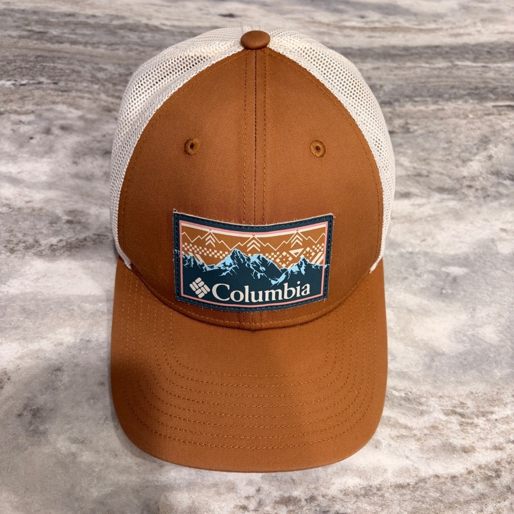 Columbia Mens Brown White Mountain Patch Mesh Trucker Snapback Hat Cap